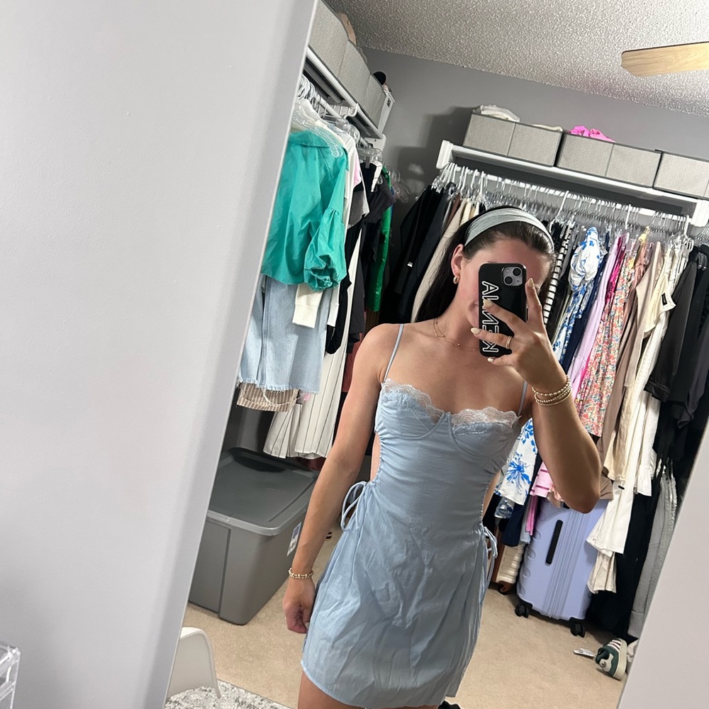 Elegant Blue Lace Trim Dress